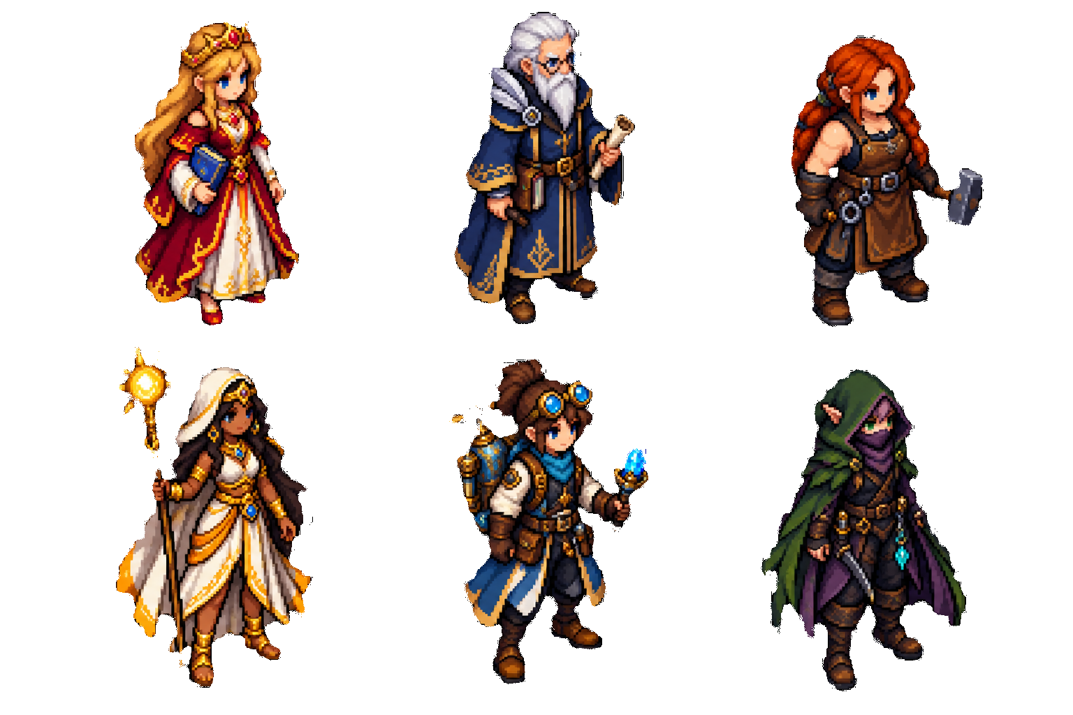 Six characters from the Untitled RPG world