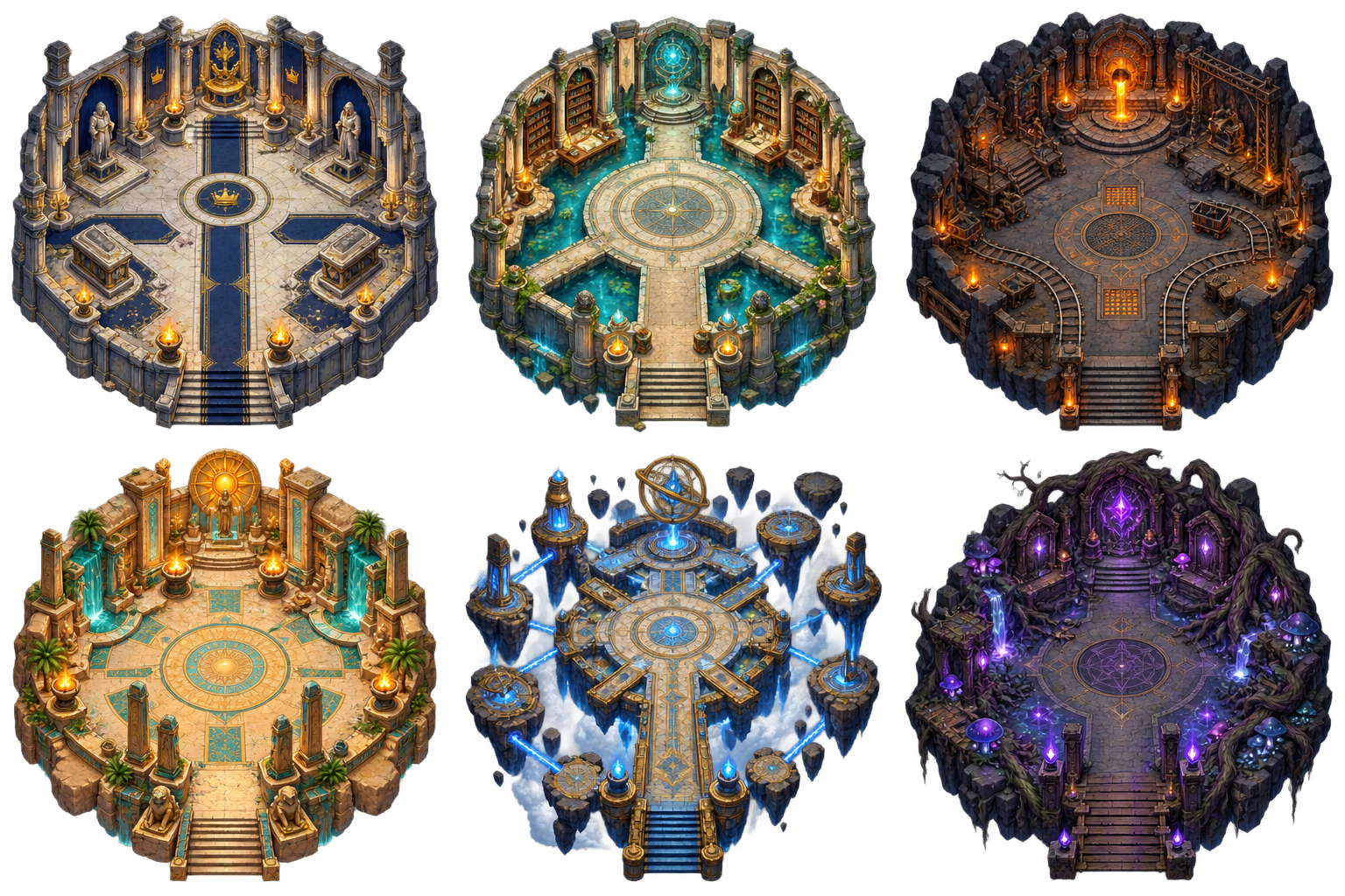 Six isometric dungeon arenas