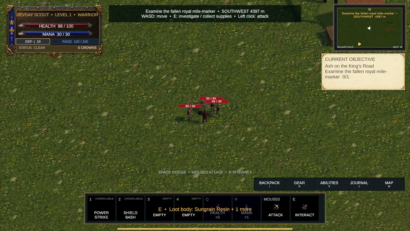 Player fighting brigands on a grassy road with damage indicators visible